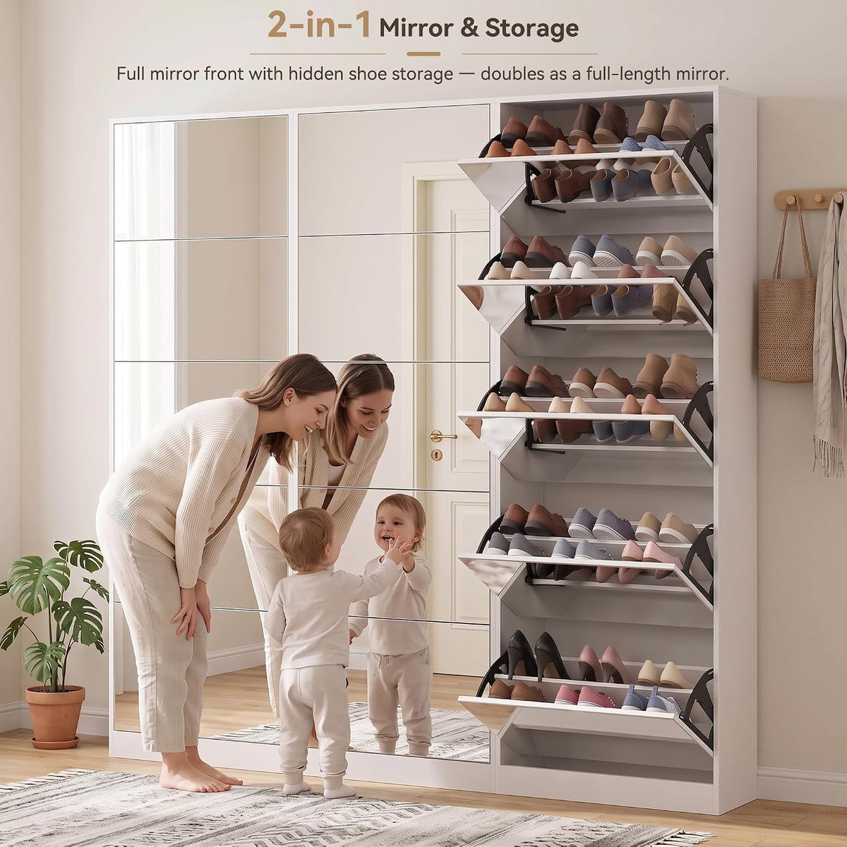 Mirrored Shoe Storage Cabinet with Flip Drawers