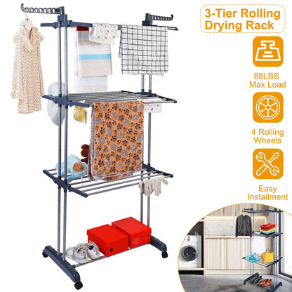 Rolling collapsible clothes drying rack