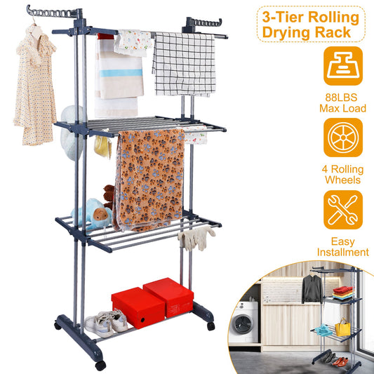 Rolling collapsible clothes drying rack
