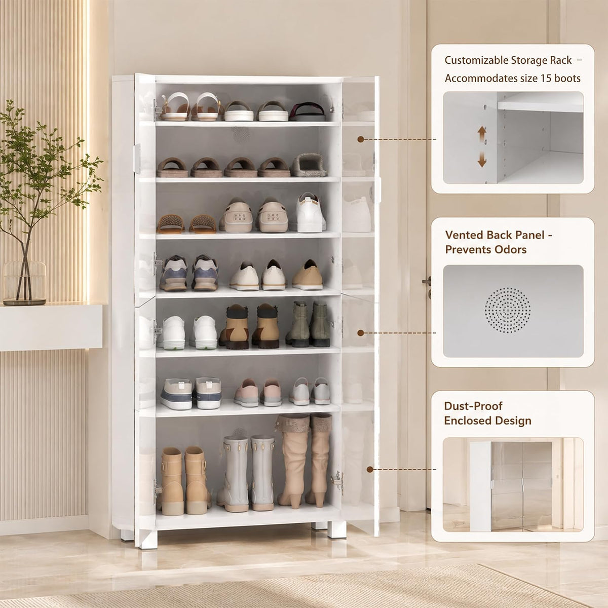 Mirrored shoe storage cabinet open showing organized shoes on shelves