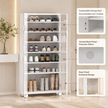 Mirrored shoe storage cabinet open showing organized shoes on shelves