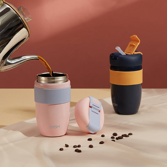 Dual-drink stainless steel car cup with straw