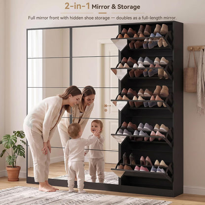 Mirrored Shoe Storage Cabinet with Flip Drawers
