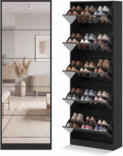 Mirrored Shoe Storage Cabinet with Flip Drawers