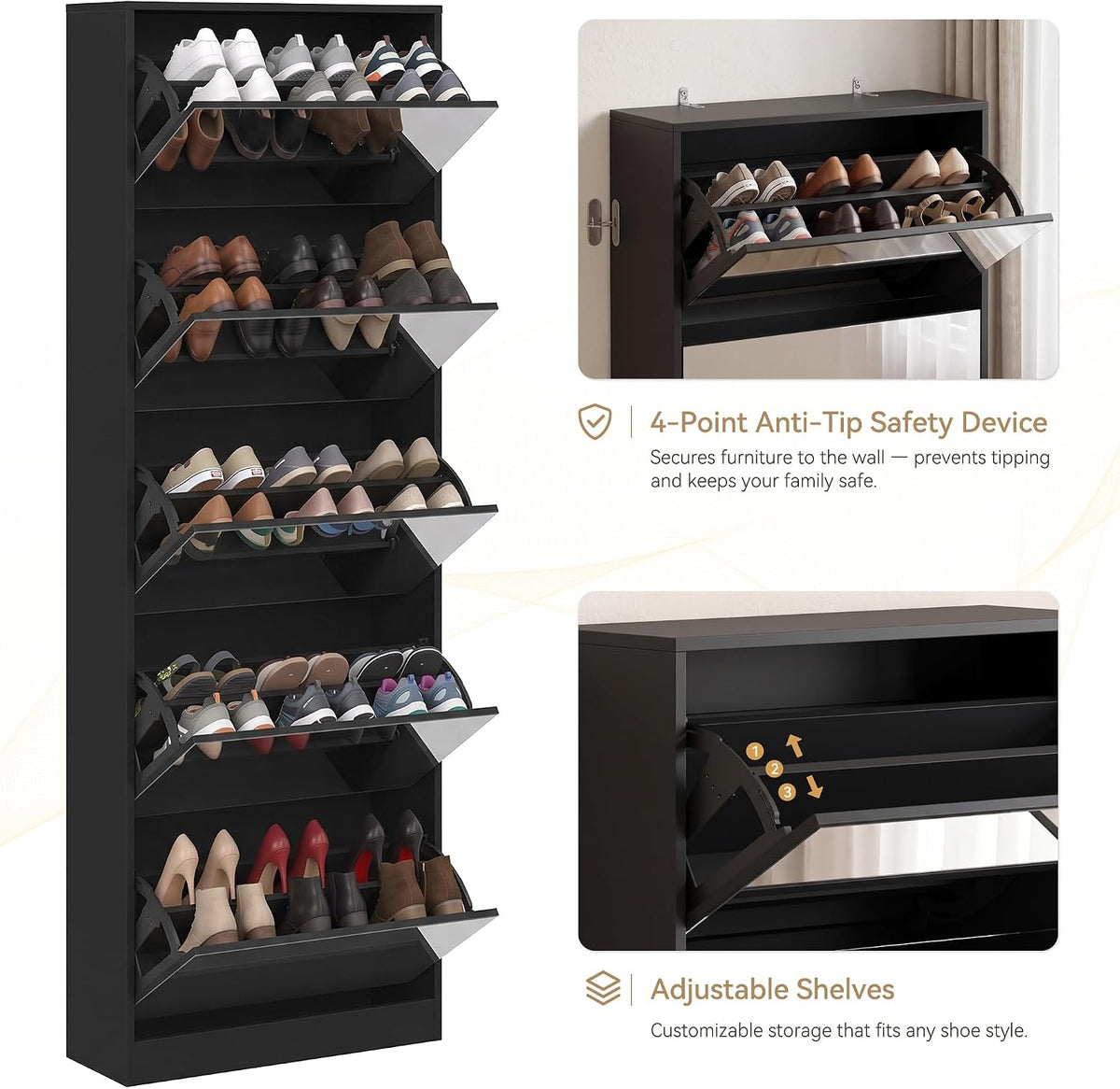 Mirrored Shoe Storage Cabinet with Flip Drawers