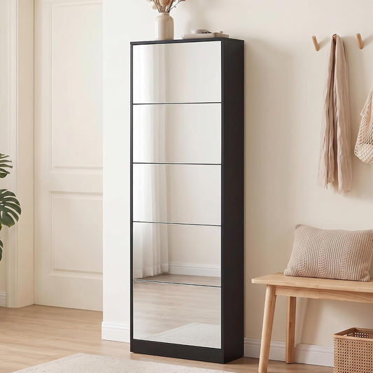 Mirrored Shoe Storage Cabinet with Flip Drawers