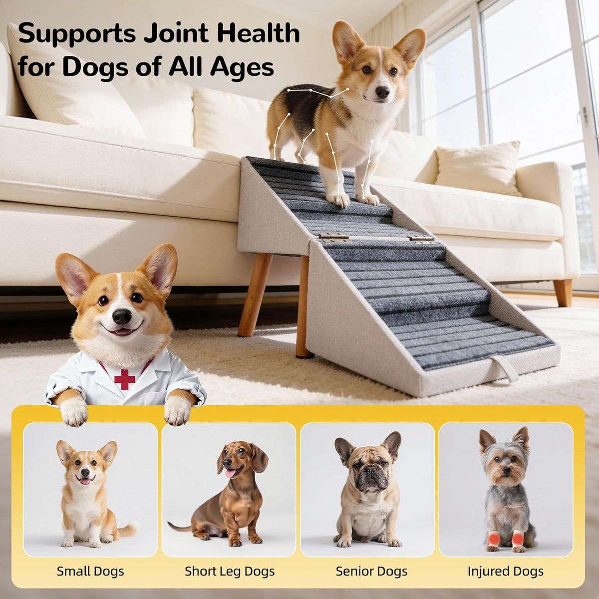 2-in-1 Dog Stairs & Ottoman, Non-Slip Pet Ramp for Couch & Bed