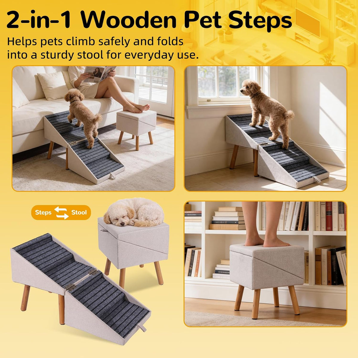 2-in-1 Dog Stairs & Ottoman, Non-Slip Pet Ramp for Couch & Bed