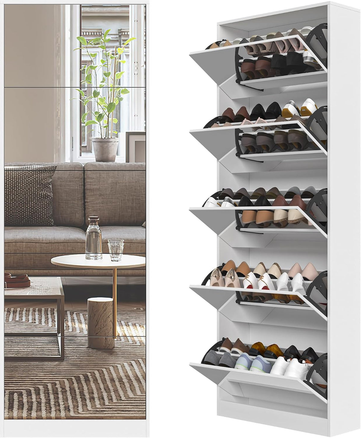 Mirrored Shoe Storage Cabinet with Flip Drawers